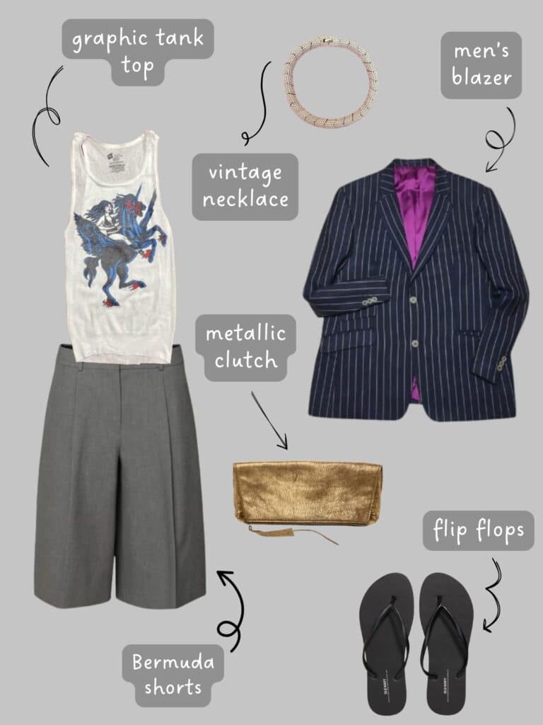 A photo of an outfit of a graphic tank top with a men's striped blazer, grey Bermuda shorts, a gold clutch, a vintage necklace, and black flip flops.