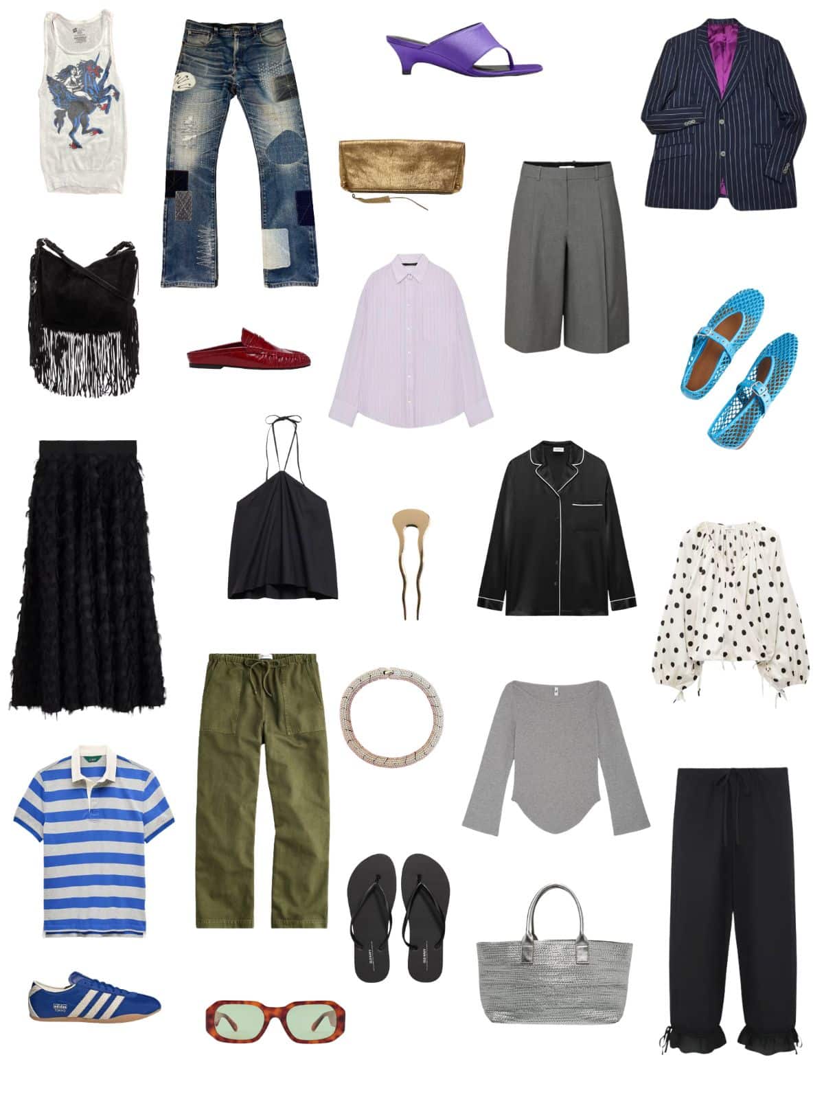 A white background with 12 pieces plus shoes and accessories for The Backlash Summer Capsule Wardrobe for the Quiet Luxury Reject.