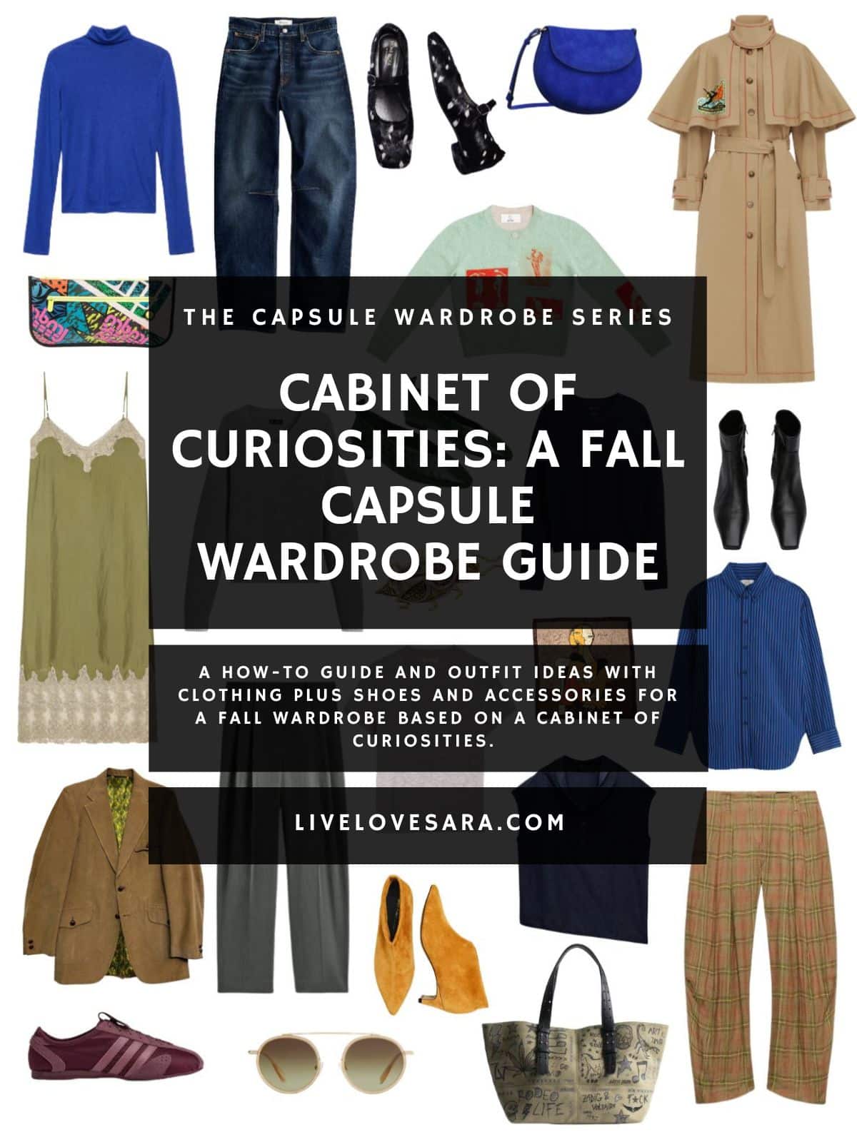 A white background with 12 clothing items plus shoes and accessories for The Cabinet of Curiosities: A Fall Capsule Wardrobe Guide. In the middle is a black box with white text that reads, "Cabinet of Curiosities: A Fall Capsule Wardrobe Guide".