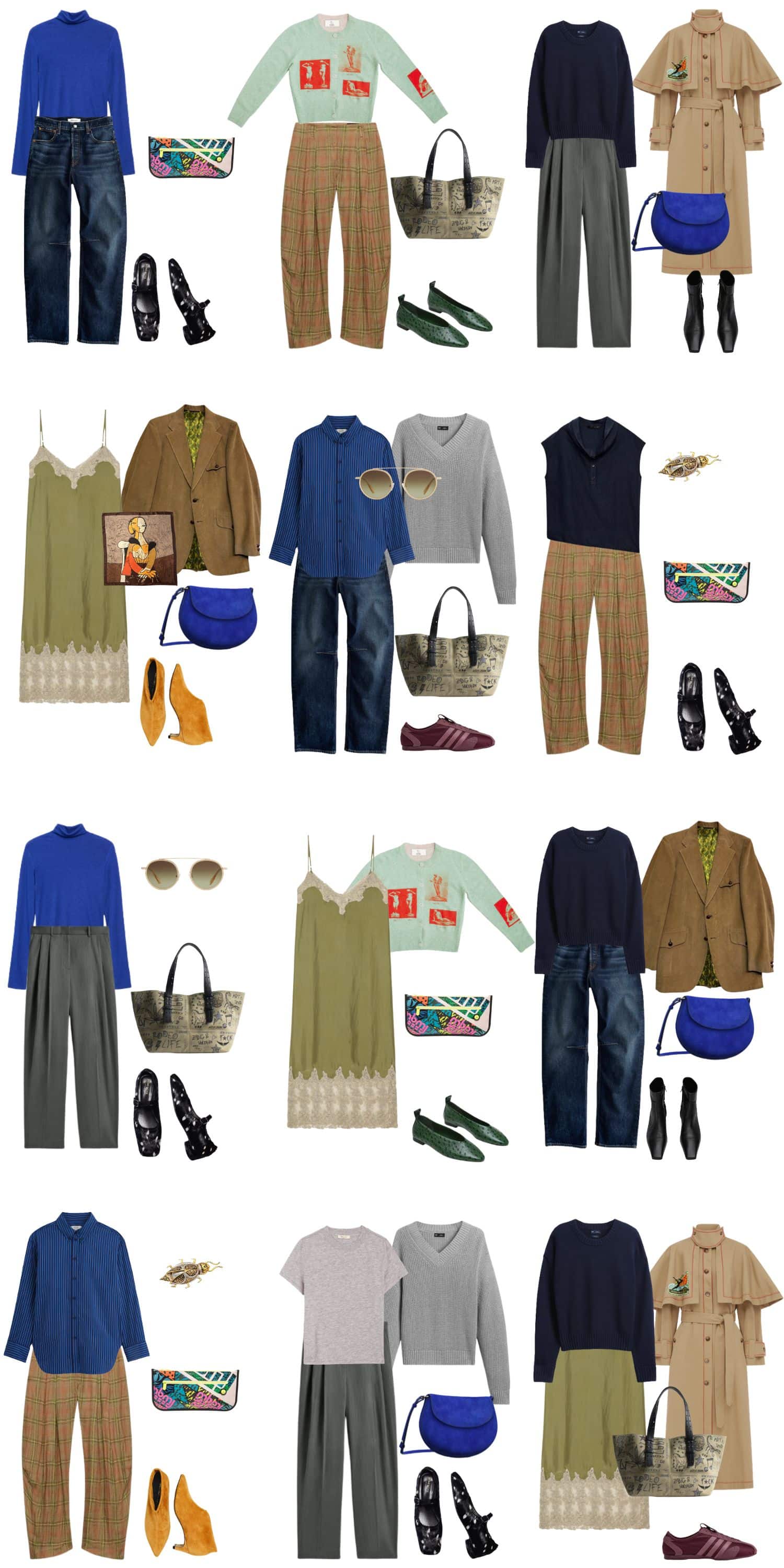 A white background with 12 outfits for Cabinet of Curiosities: A Fall Capsule Wardrobe Guide.