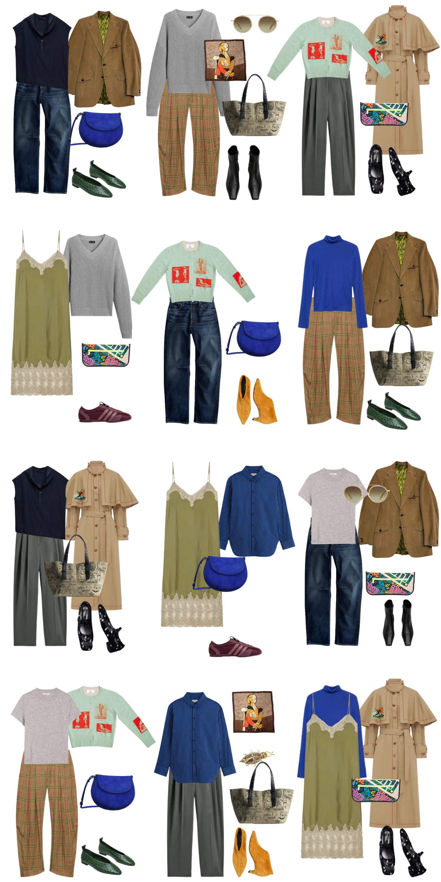 A white background with 12 outfits for Cabinet of Curiosities: A Fall Capsule Wardrobe Guide.