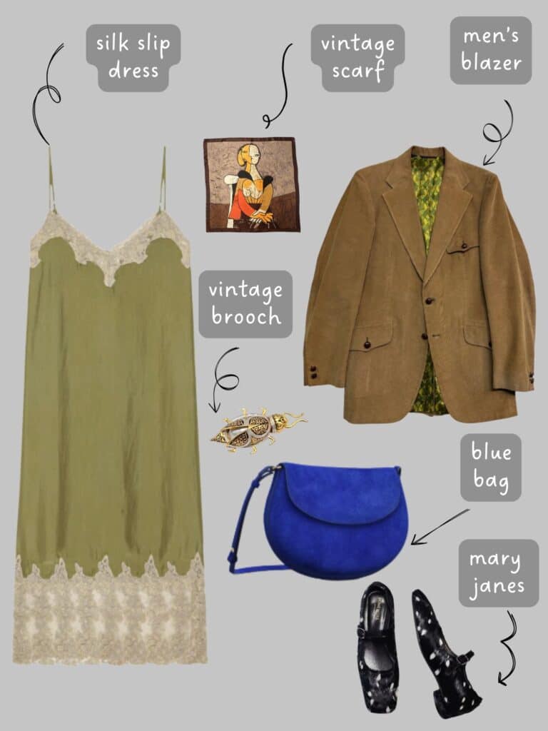 A photo of an outfit of a green, silk slip dress, a brown corduroy blazer, vintage beetle brooch, a silk scarf, cobalt blue handbag, and spotted mary janes.