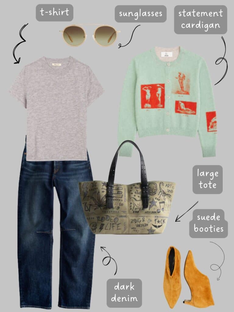 A photo of an outfit of a grey t-shirt, a hades wool cardigan with statue images on it, dark indigo jeans, a canvas tote with writing and drawings, round sunglasses, and short, camel coloured suede boots with kitten heels.