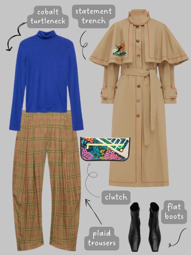 A photo of an outfit of a cobalt blue turtleneck, brown plaid trousers, a camel, caped trench coat, a colourful clutch, and black flats boots.