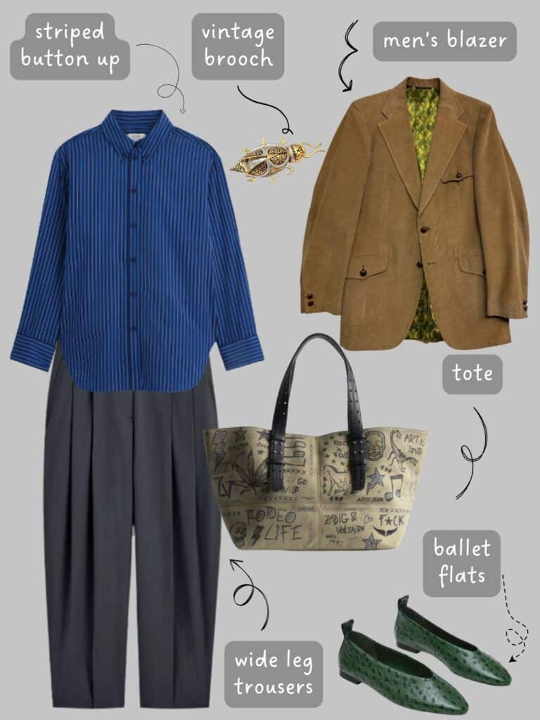 A photo of an outfit of an oversized blue striped button up, grey trousers, a brown corduroy blazer with a vintage gold beetle brooch, green ballet flats, and a canvas tote with writing and drawings.