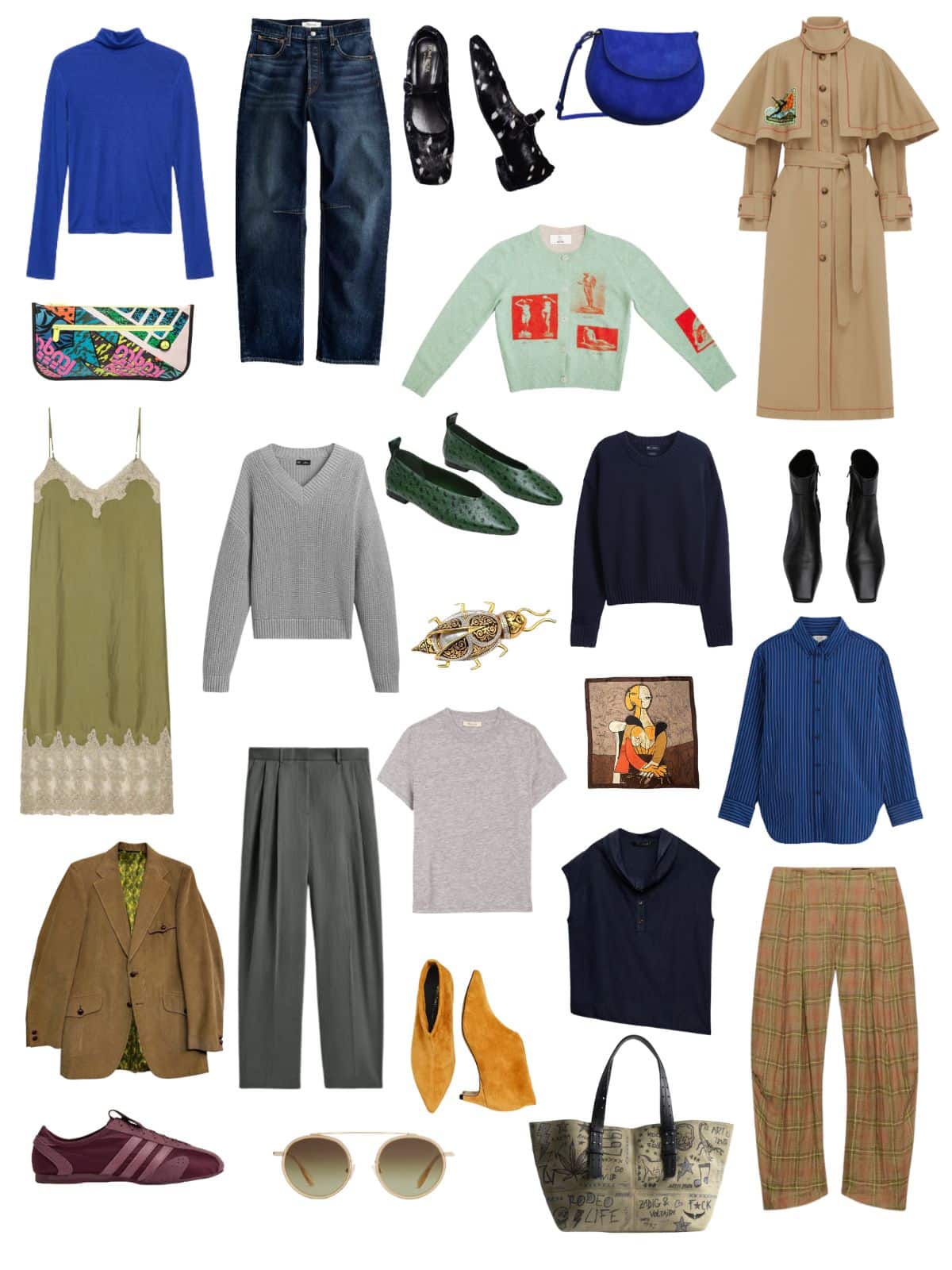 A white background with 12 pieces plus shoes and accessories for The Cabinet of Curiosities: A Fall Capsule Wardrobe Guide.