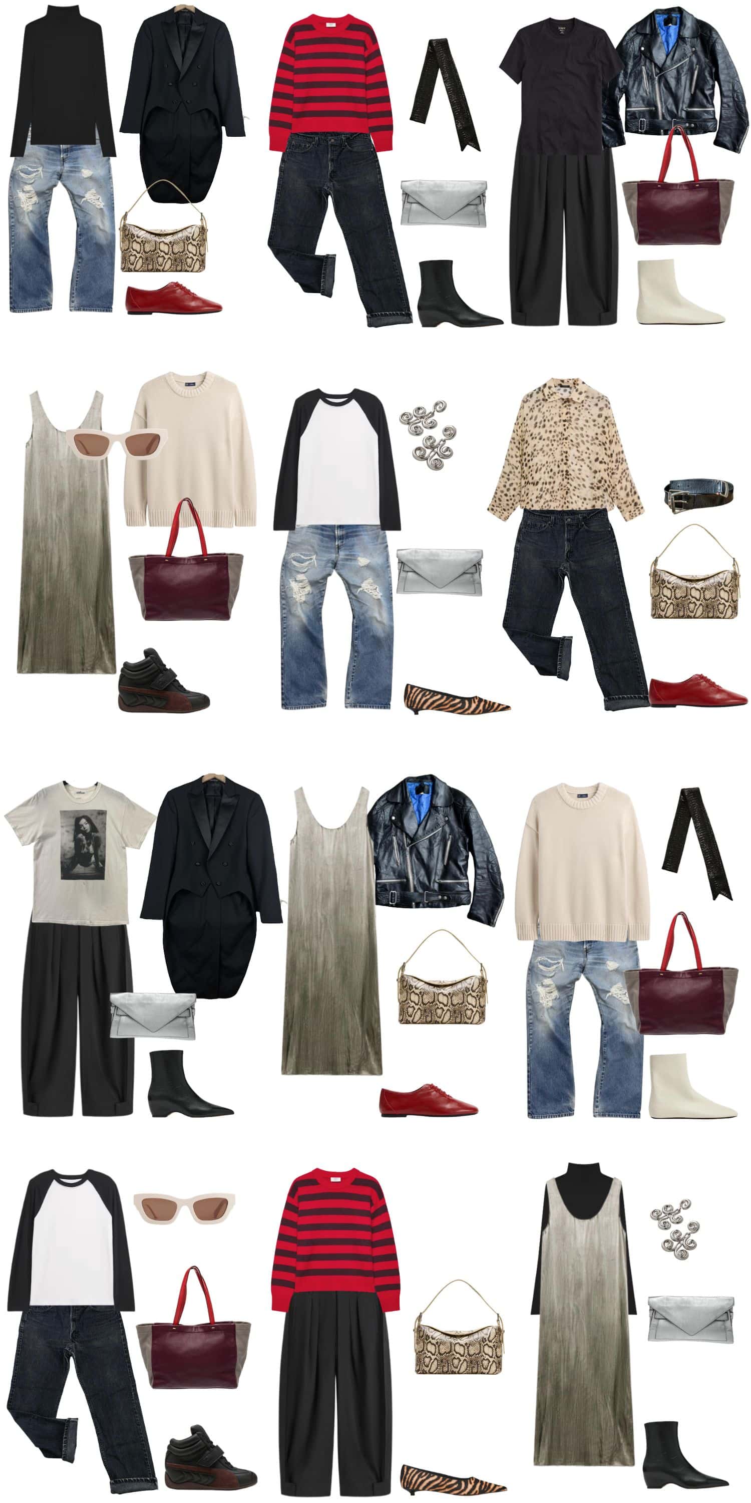 A white background with 12 outfits for A Rock Style Fall Capsule.