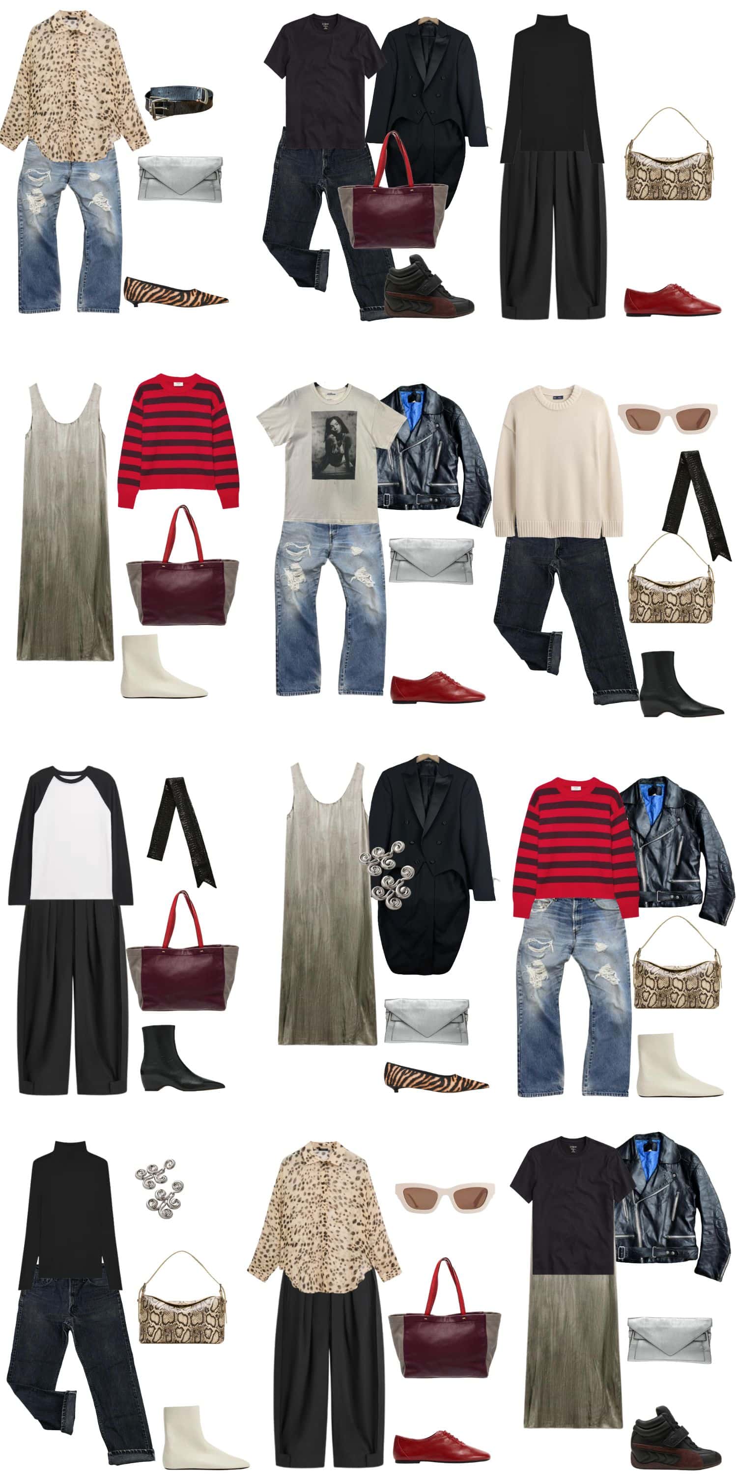 A white background with 12 outfits for A Rock Style Fall Capsule.