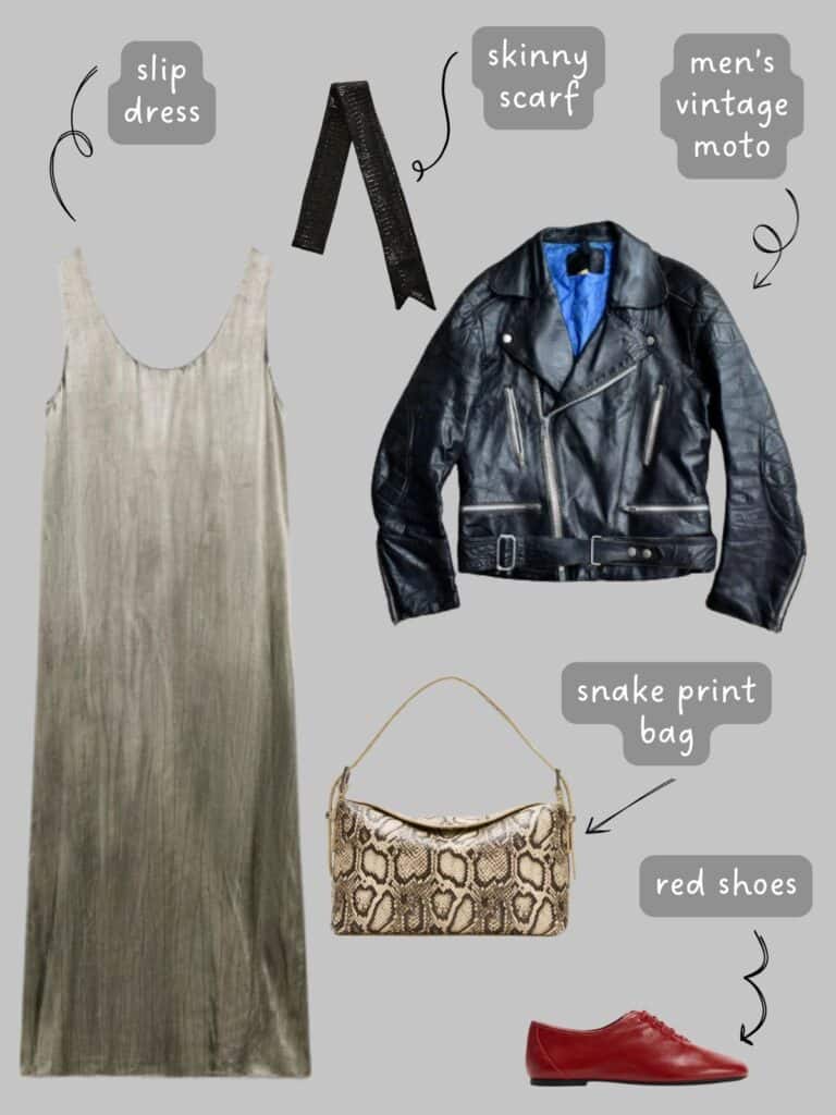 A photo of an outfit of a grey slip dress, with a vintage moto jacket, black skinny scarf, snake print shoulder bag, and red brogues.