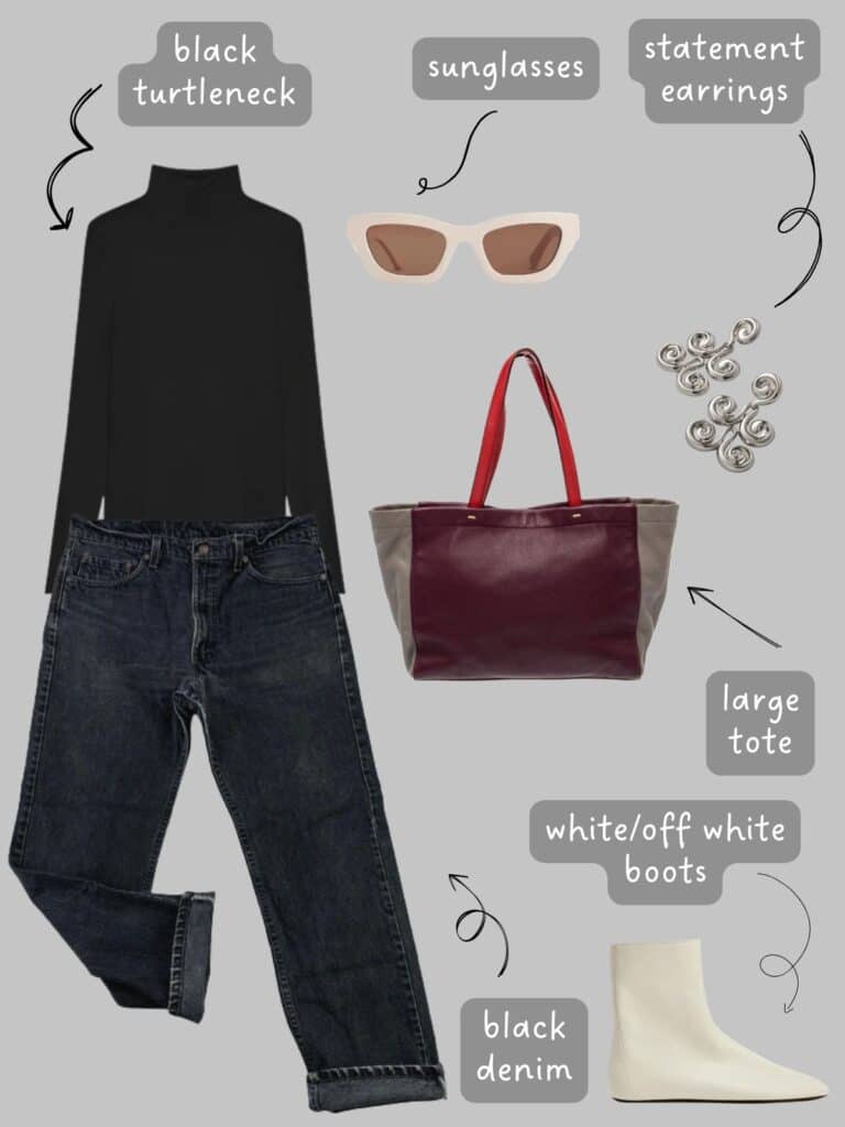 A photo of an outfit of a black turtleneck with vintage black levis, cream sunglasses, a burgundy toto with grey panels and red handles, large silver earrings in a swirly pattern, and off white flat boots.