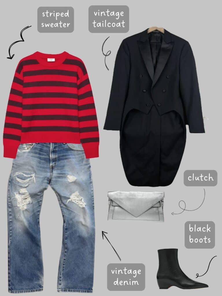 A photo of an outfit of a red and brown striped sweater with distressed vintage levis, a vintage tailcoat, large silver envelope clutch, and black boots.