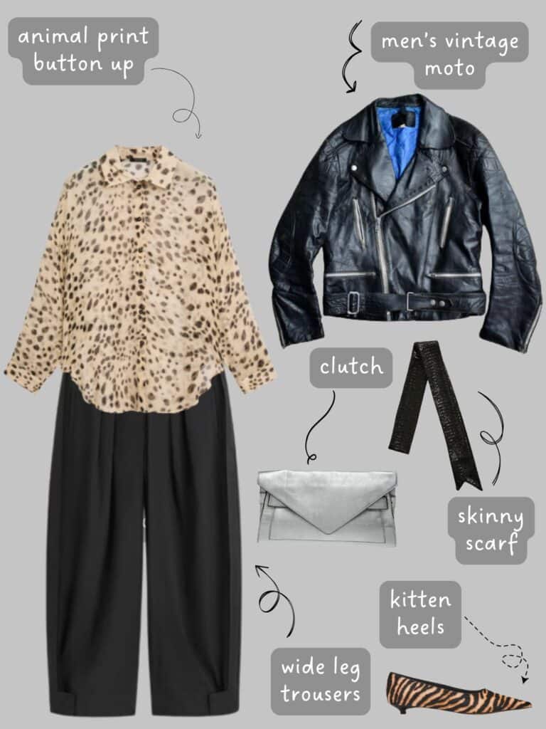 A photo of an outfit of a semi sheer animal print blouse with black wide leg trousers, a vintage moto jacket, skinny scarf, a large silver clutch, and tiger print kitten heels.