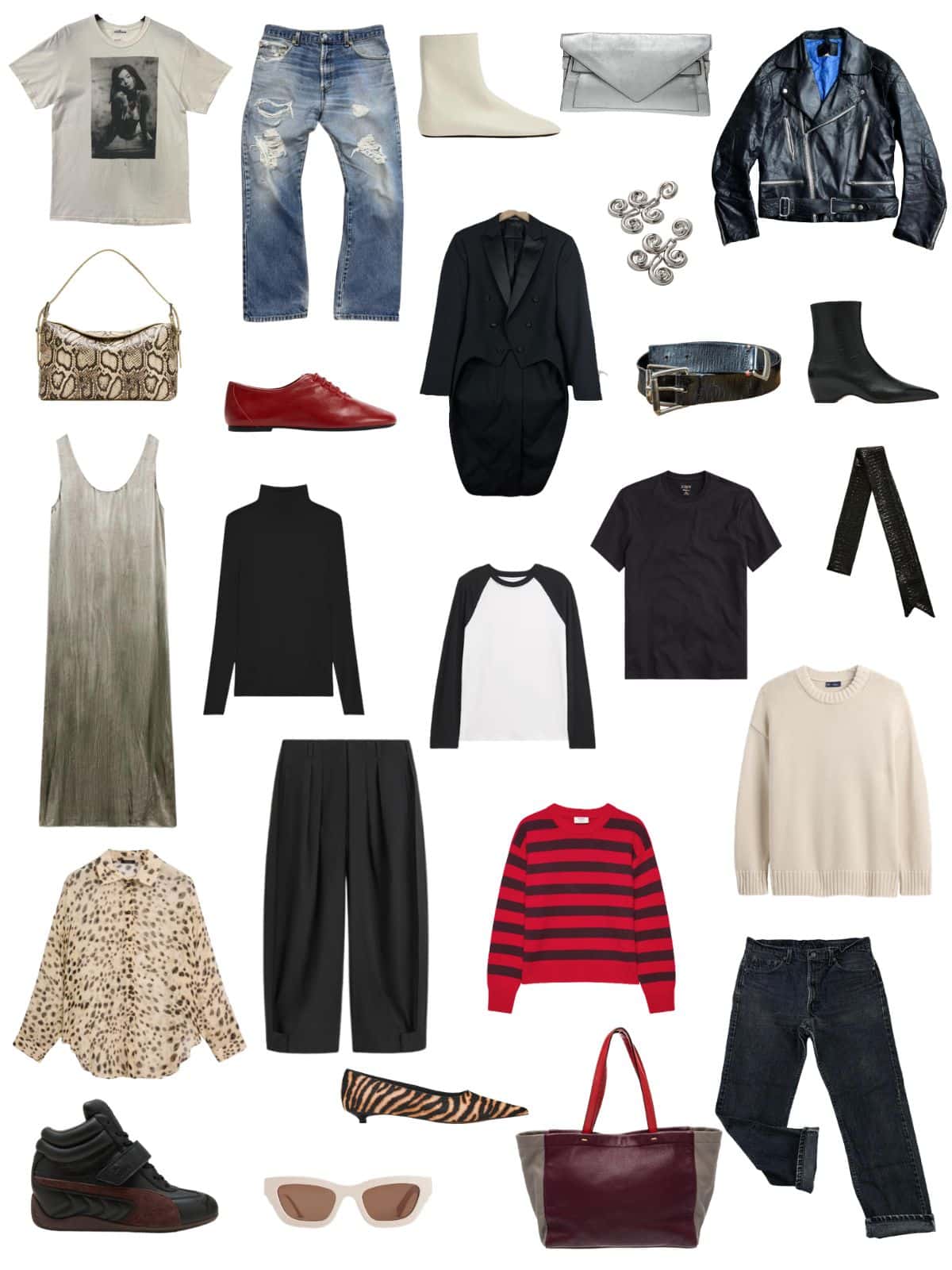 A white background with 12 pieces plus shoes and accessories for A Rock Style Fall Capsule