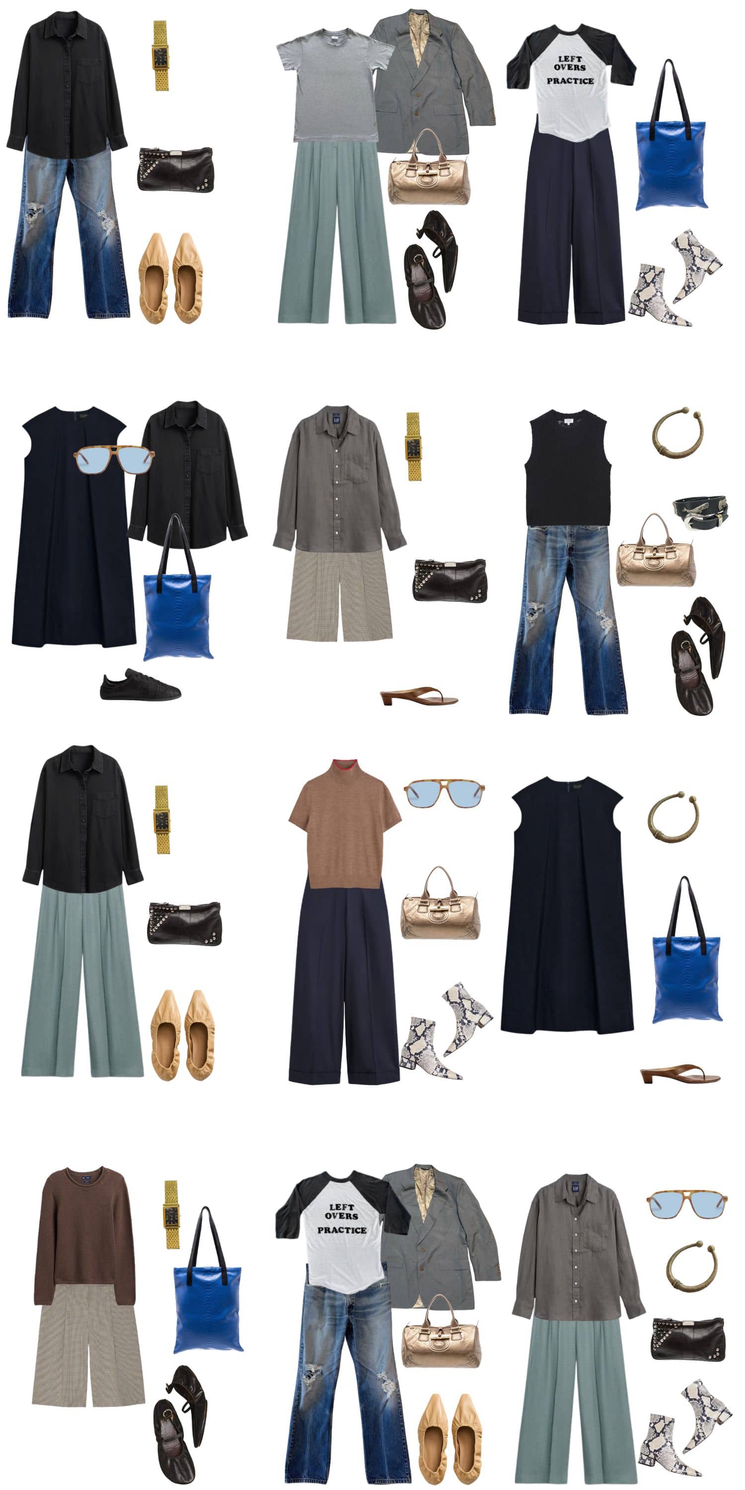 A white background with 12 outfits for The Quiet Defector: Minimal Style Built on Preference, Not Permission.