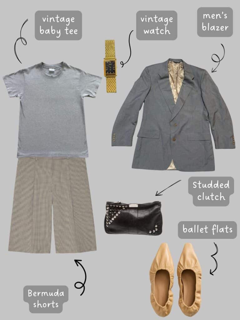A photo of an outfit of a grey tee with houndstooth bermuda shorts, a men;s grey blazer, vintage gold band watch, a black studded clutch, and tan ballet flats.