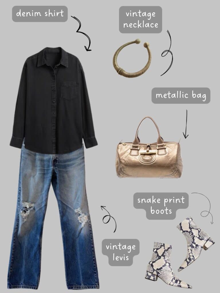 A photo of an outfit of a black denim shirt with vintage levi's, a vintage torque necklace, a gold metallic bag, and snake print boots.