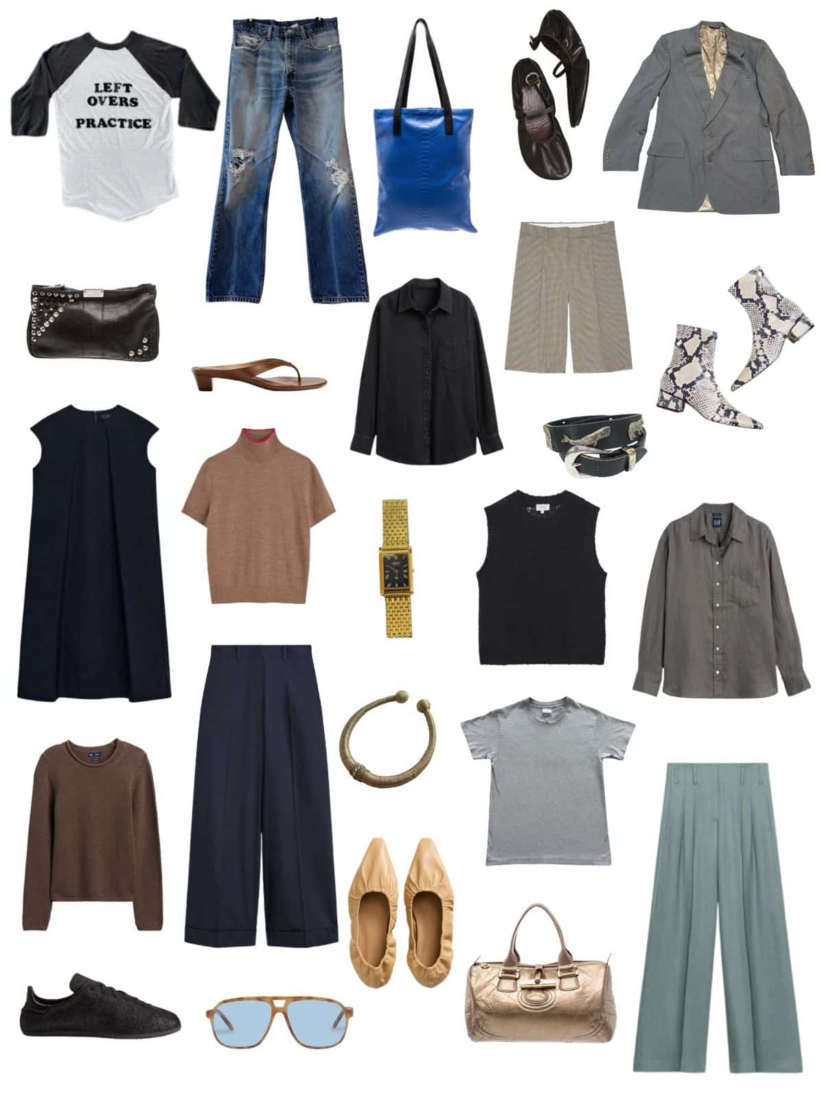 A white background with 12 pieces plus shoes and accessories for The Backlash Summer Capsule Wardrobe for The Quiet Defector: Minimal Style Built on Preference, Not Permission.