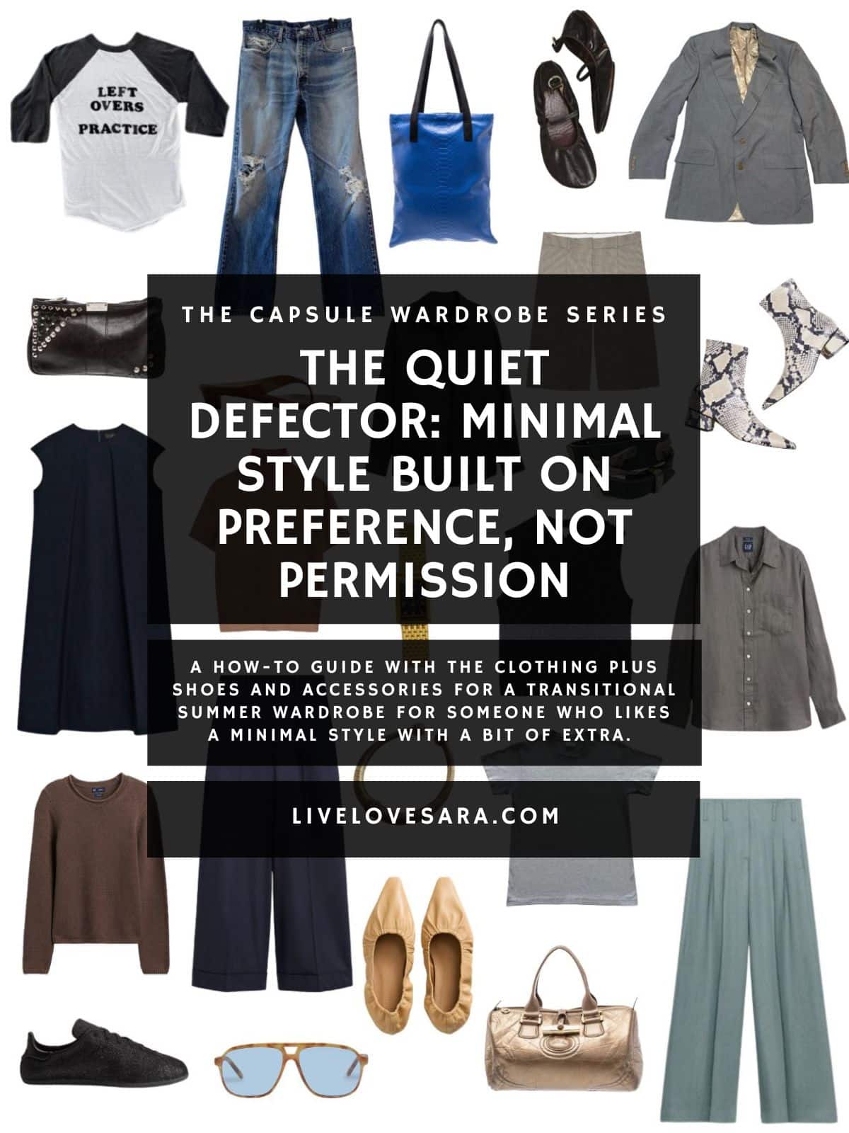 A white background with 12 clothing items plus shoes and accessories for The Quiet Defector wardrobe: Minimal Style Built on Preference, Not Permission. In the middle is a black box with white text that reads, "The Quiet Defector: Minimal Style Built on Preference, Not Permission".