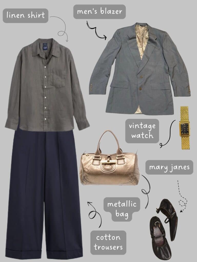A photo of an outfit of a grey linen shirt with navy blue wide leg trousers, a men's grey vintage blazer, a vintage gold watch, gold metallic bag, and brown ballet flats.