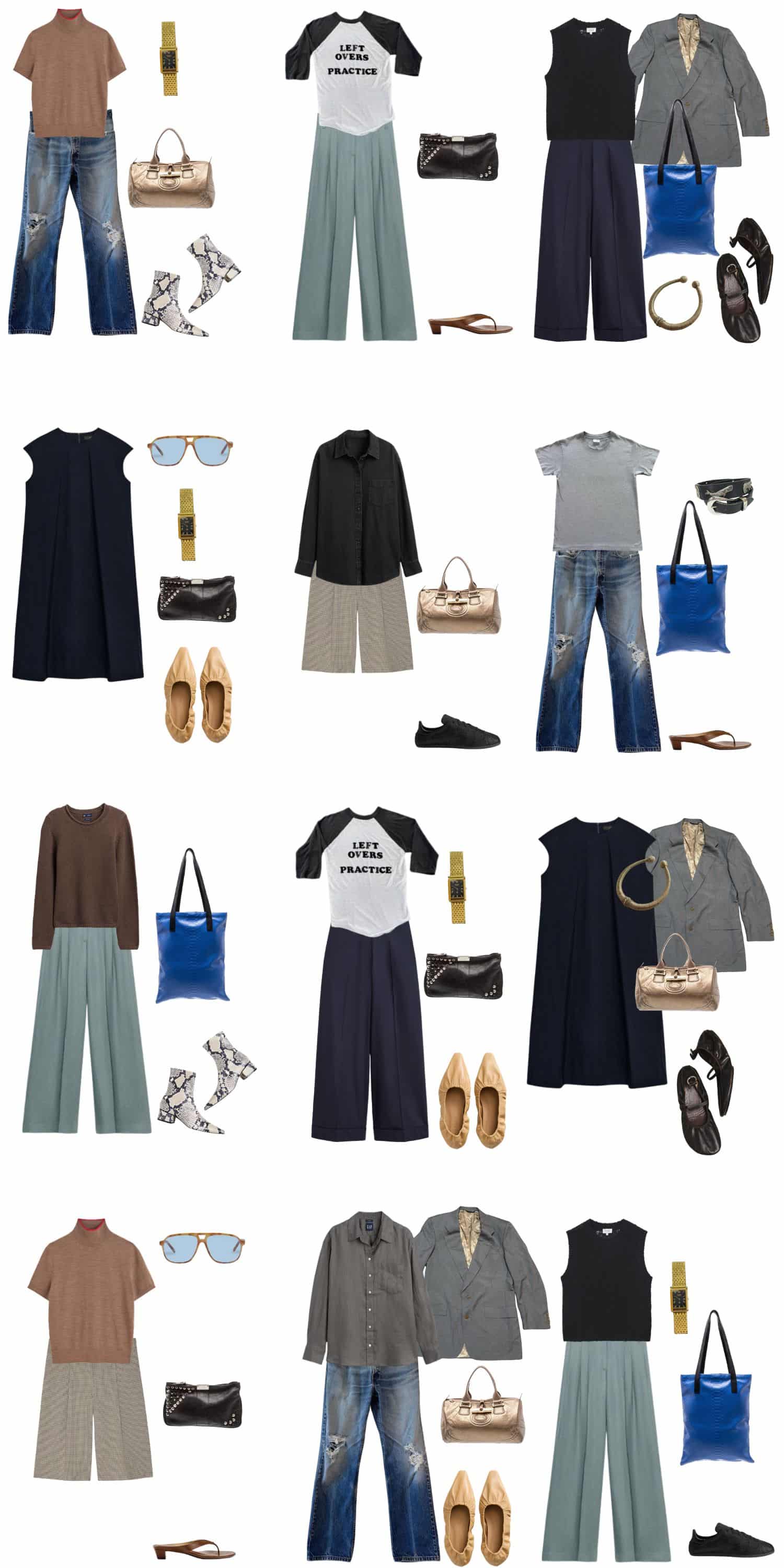 A white background with 12 outfits for The Quiet Defector: Minimal Style Built on Preference, Not Permission.