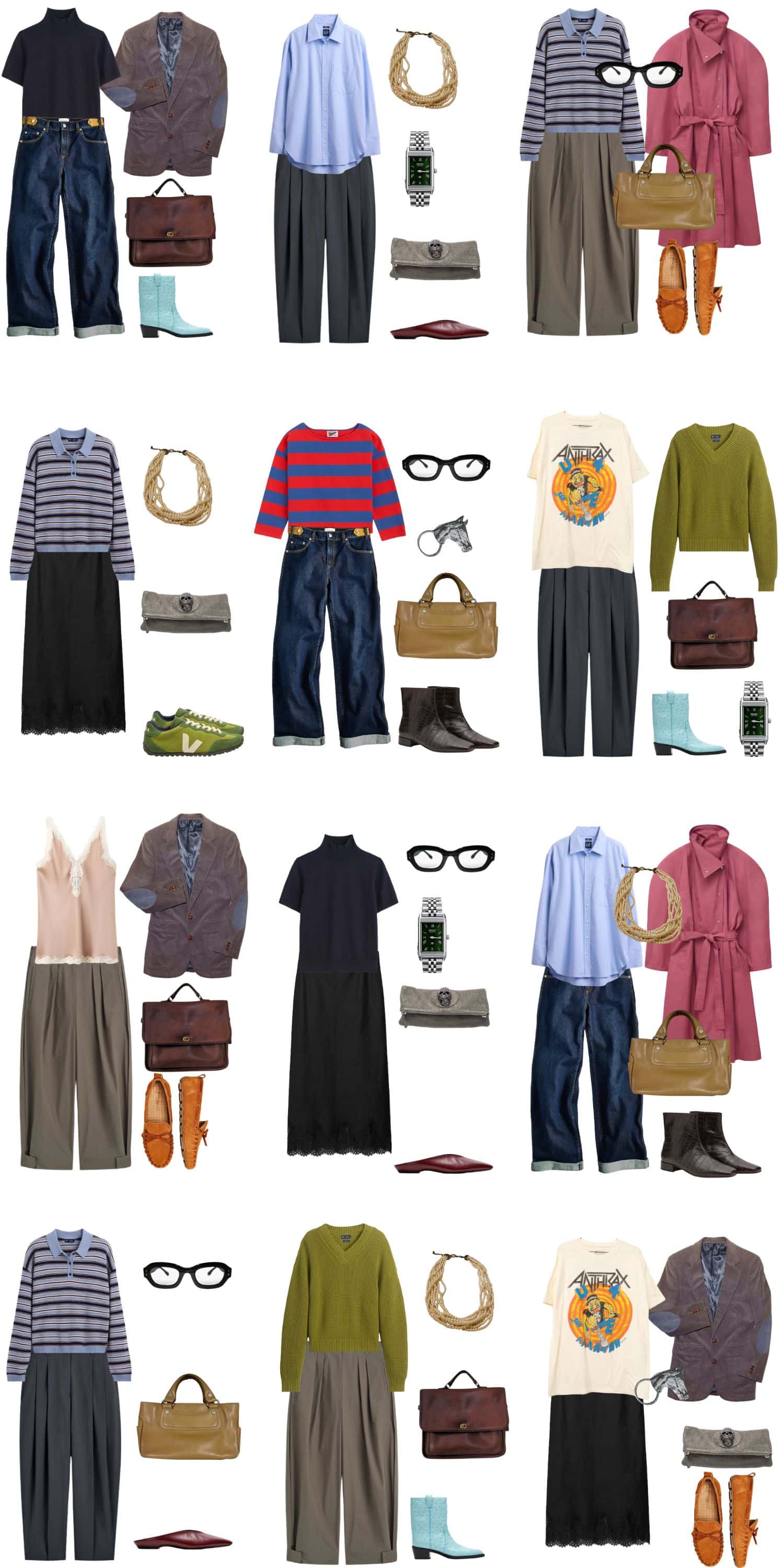 A white background with 12 outfits for The September Syllabus: A Fall Capsule Wardrobe for Lifelong Learners.