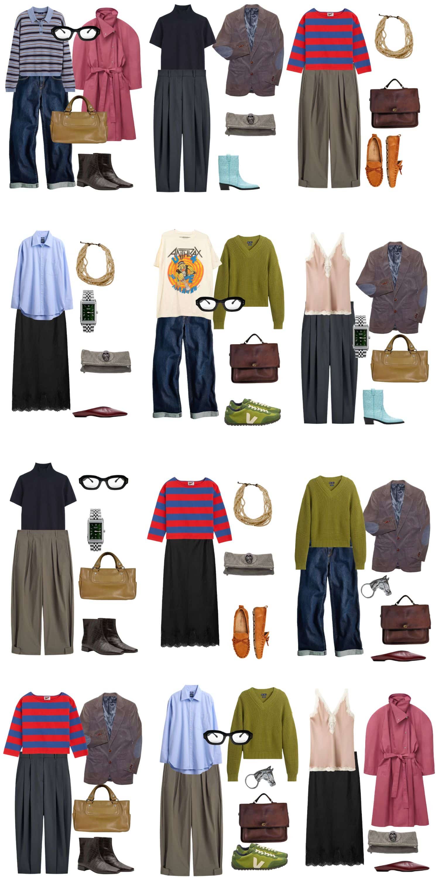 A white background with 12 outfits for The September Syllabus: A Fall Capsule Wardrobe for Lifelong Learners.