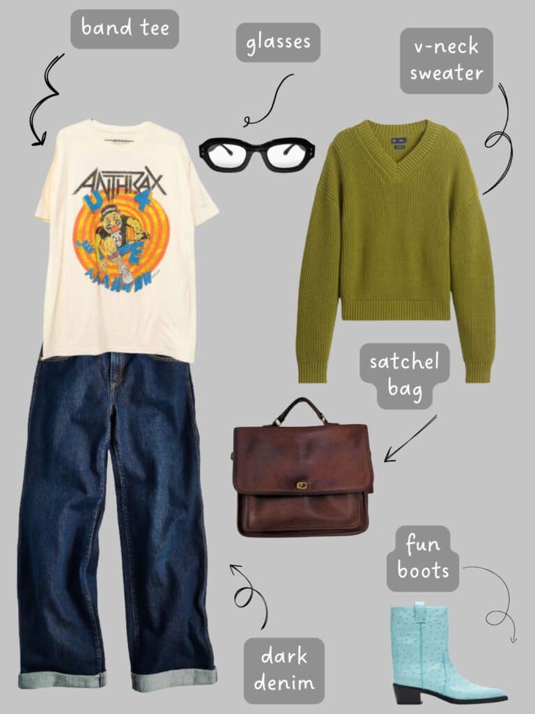 A photo of an outfit of am Anthrax tee with a green v-neck sweater, dark cuffed denim, blue boots, a brown satchel, and black framed glasses.