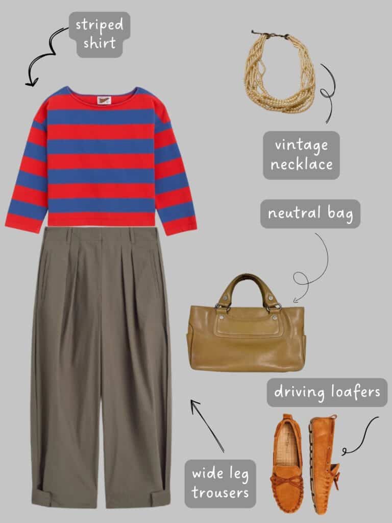 A photo of an outfit of a red and blue striped shirt with brown cropped trousers, a vintage pearl necklace, tan handbag, and orangey-brown driving loafers.