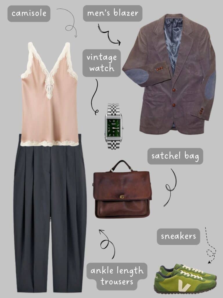 A photo of an outfit of a pink satin camisole with grey trousers, a men's grey corduroy blazer, a vintage watch, brown satchel bag, and green sneakers.