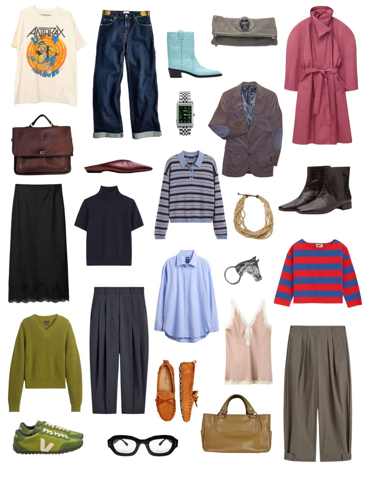 A white background with 12 pieces plus shoes and accessories for The September Syllabus: A Fall Capsule Wardrobe for Lifelong Learners.