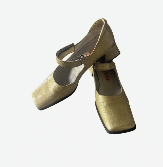 Miu Miu Vintage Gold Metallic Leather Square Toe Mary Jane Block Heels