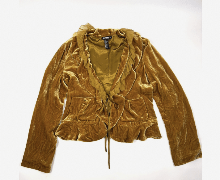 VTG DKNY Crushed Velvet & Ruffle Chiffon Blazer Womens