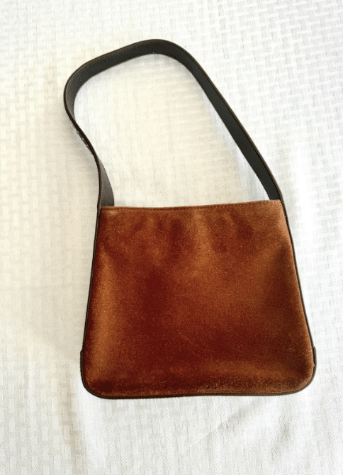 Ralph Lauren Vintage Suede Shoulder Bag Cognac Brown Studded Leather trim y2k