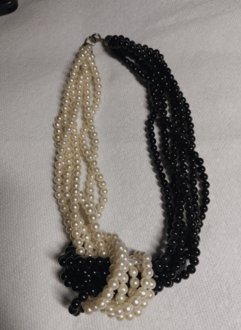 Vintage Half Black White Faux-Pearl Knotted Multi-Strand Beaded Necklace