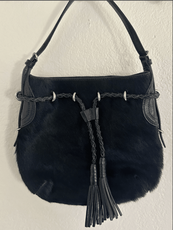 Vintage DKNY Black Calf Hair Leather Shoulder Bag Braided Tassel Y2K Hobo Purse