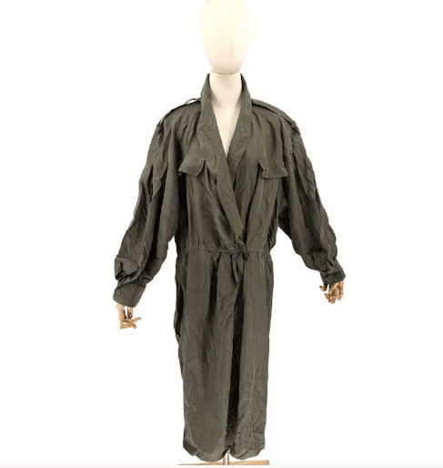 Vintage 80s Argenti Olive Green 100% Silk Lightweight Trench Coat Duster