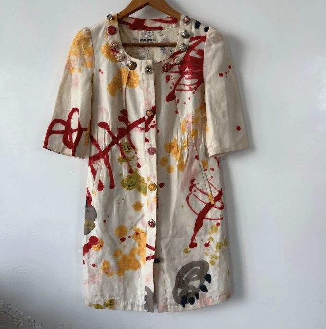 Miu Miu 2000s Abstract Art Multicolour Silk Button Detail Dress