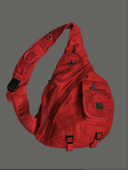 Vintage Red Denim Sling Backpack - Y2K Military Style