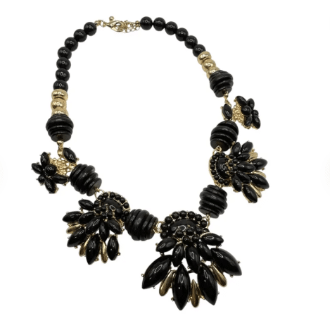 Vintage - Estate Jewelry - 1980s Yves Saint Laurent - Bib Necklace - Black Lucite Teardrops - Black Faceted Beads - Statement Necklace