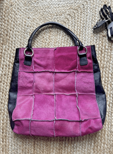 Italian Luxury Leather Pony calf skin hair Pink Black Patchwork Vintage Tote bag