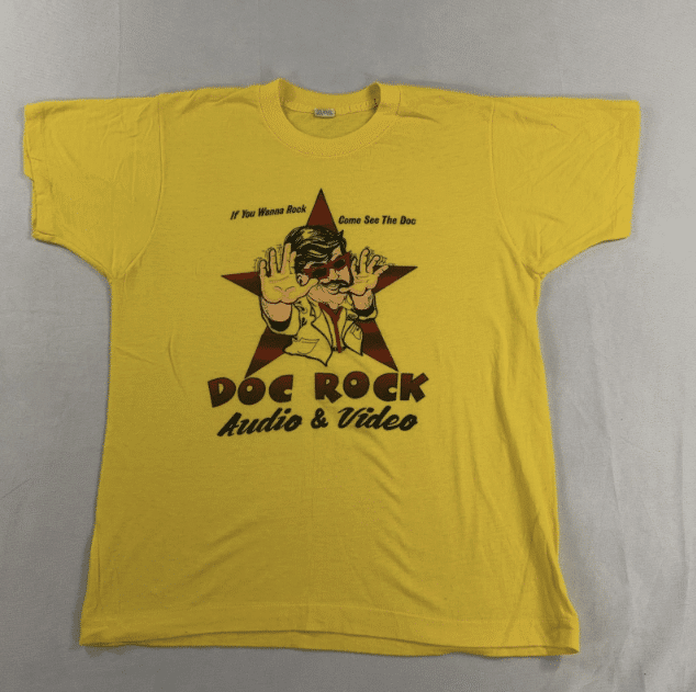 Vintage Screen Stars 50/50 Thin T-Shirt 80s Doc Rock Graphic Yellow XL