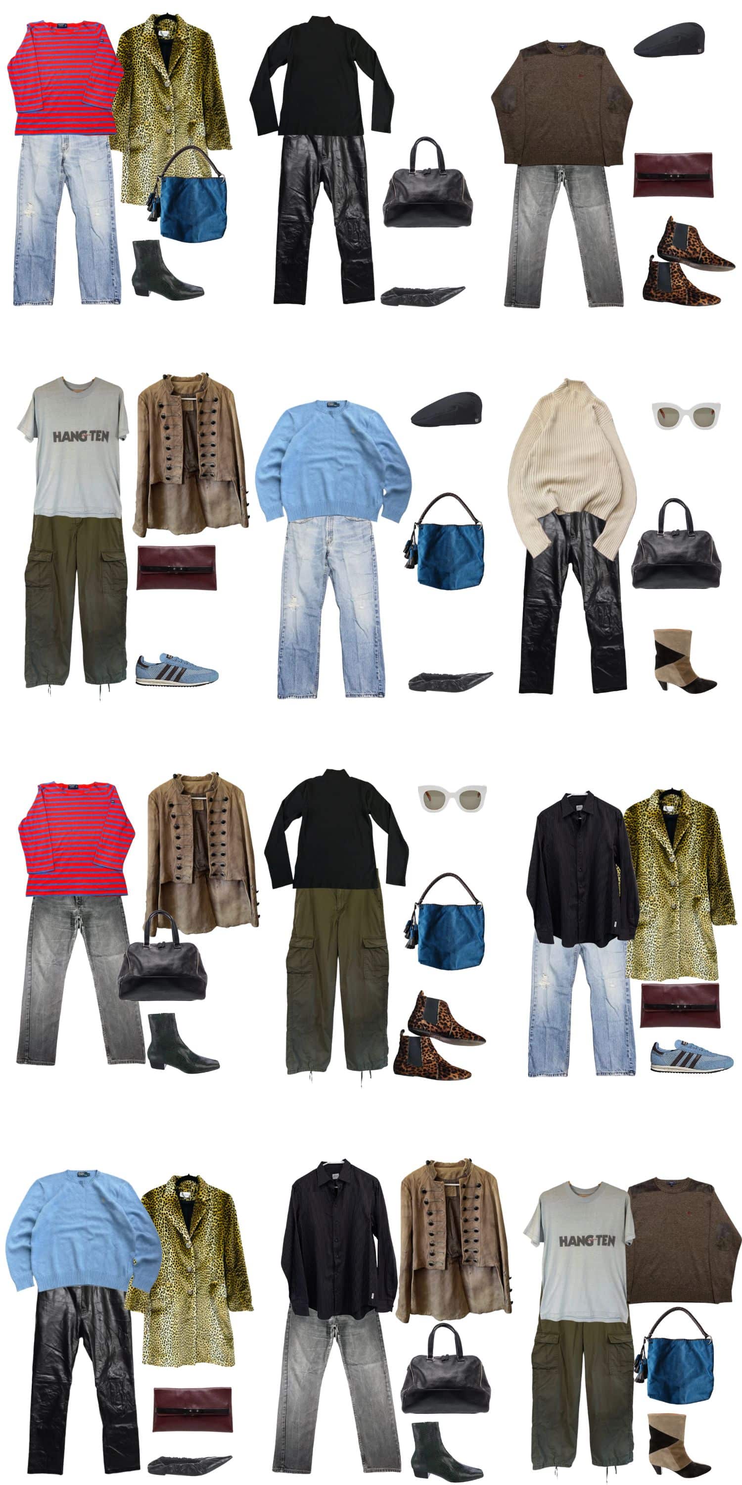 A white background with 12 outfits for A Secondhand Fall Capsule.