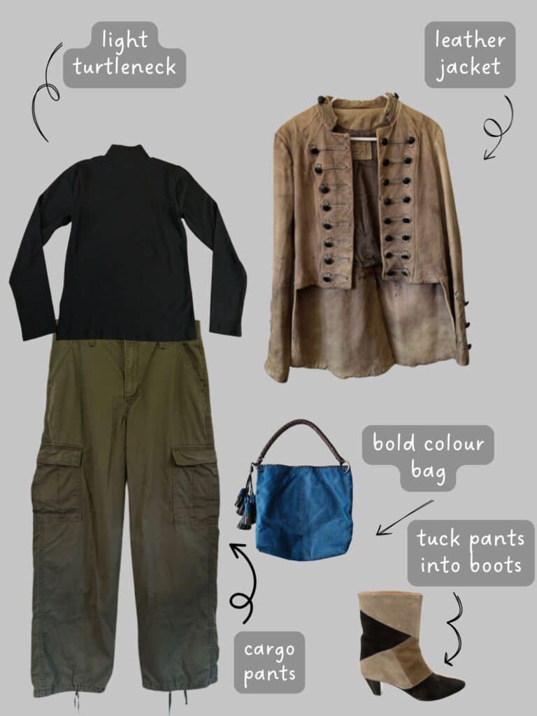 A photo of an outfit of a black turtleneck with cargo pants, a tan military leather jacket, blue bag, and patch boots.