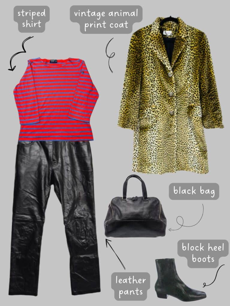 A photo of an outfit of a red and blue striped shirt with black leather pants, an animal print coat, black handbag, and black boots.