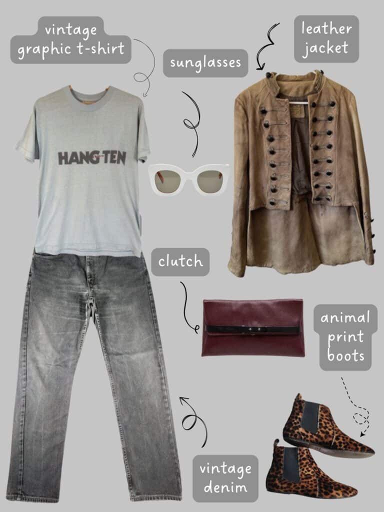 A photo of an outfit of a grey t-shirt with Hang Ten on it, grey vintage Levis, a Napoleon leather jacket, a large burgundy clutch, white sunglasses, and flat animal print boots.