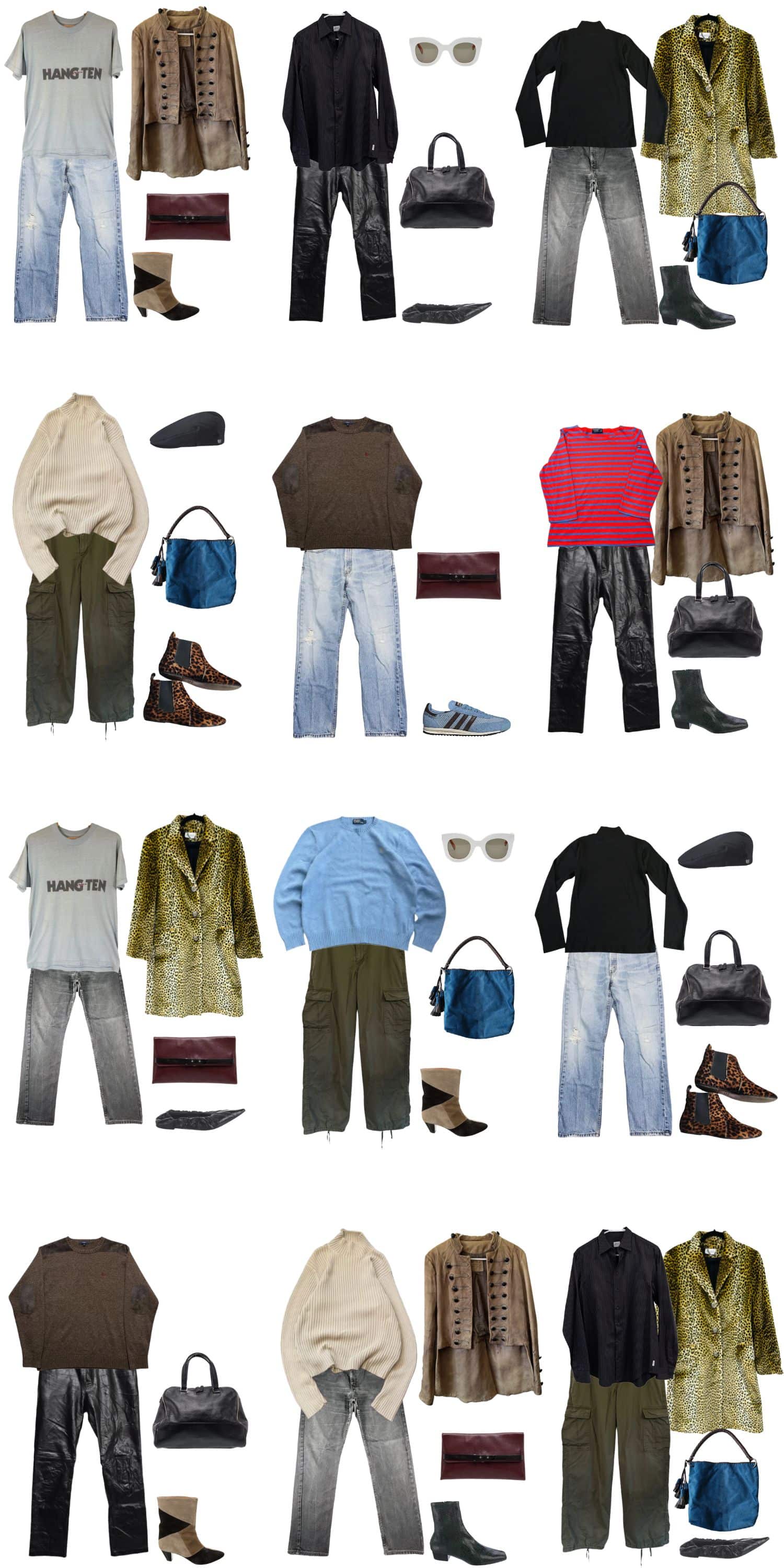 A white background with 12 outfits for A Secondhand Fall Capsule.