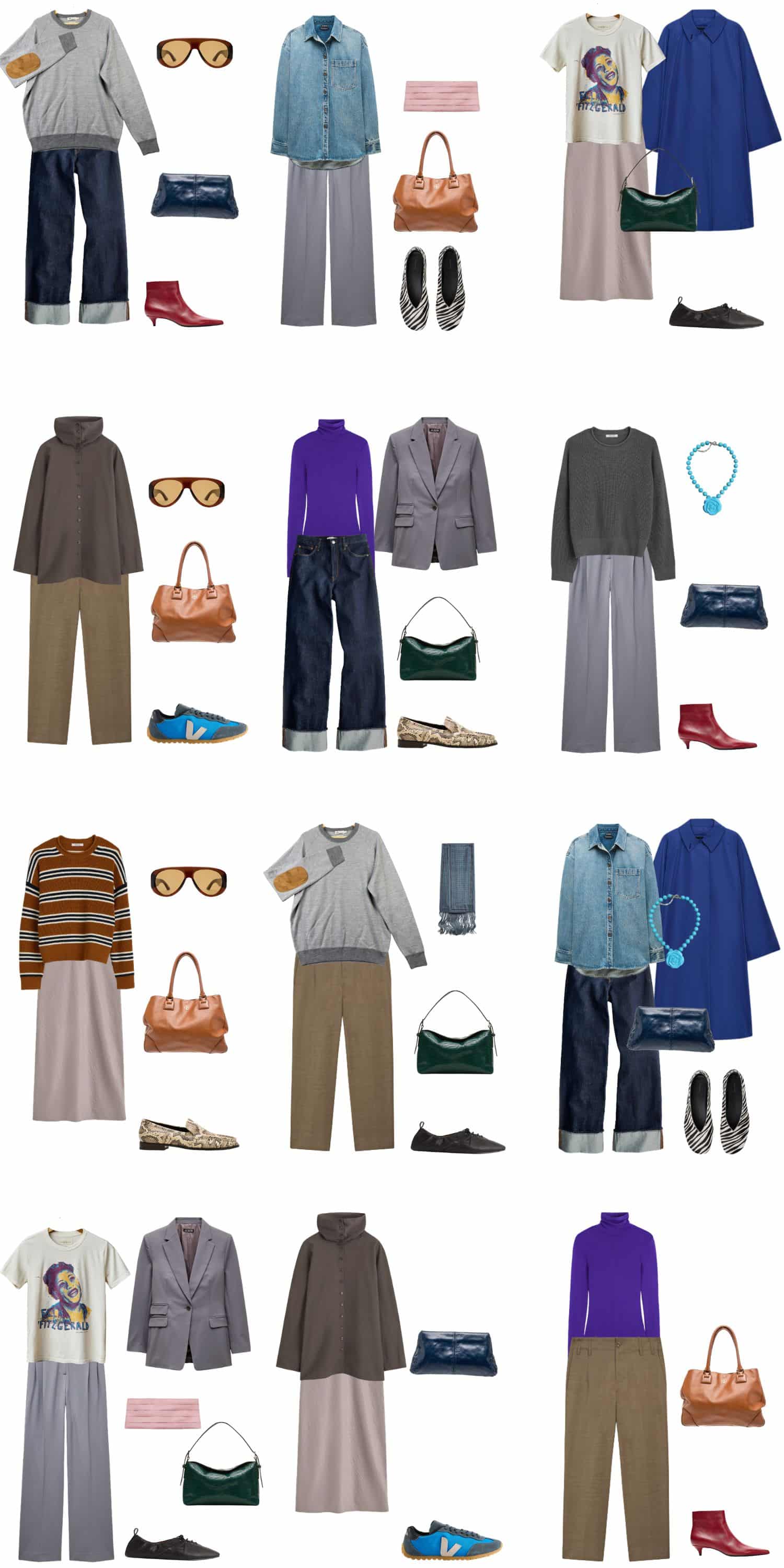 A white background with 12 outfits for The Interesting Person Fall Capsule.