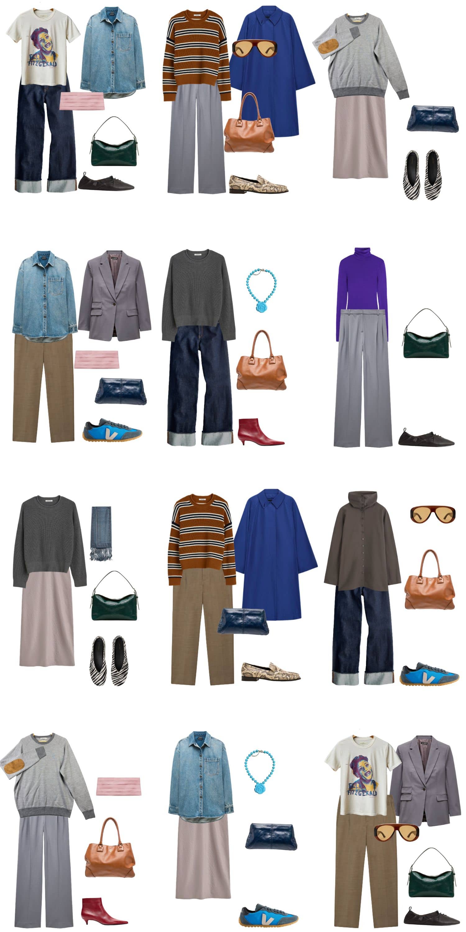 A white background with 12 outfits for The Interesting Person Fall Capsule.