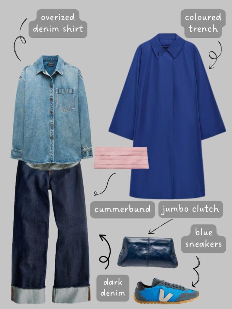 A photo of an outfit of an oversized denim shirt with dark indigo, cuffed jeans, a blue trench coat, blue veja sneakers, a light pink cummerbund, and a navy blue jumbo clutch.