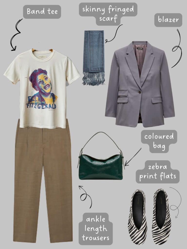 A photo of an outfit of a, Ella Fitzgeral tee with camel cropped trousers, a grey blazer, grey fringed scarf, a dark green, embossed bag, and zebra print trousers.